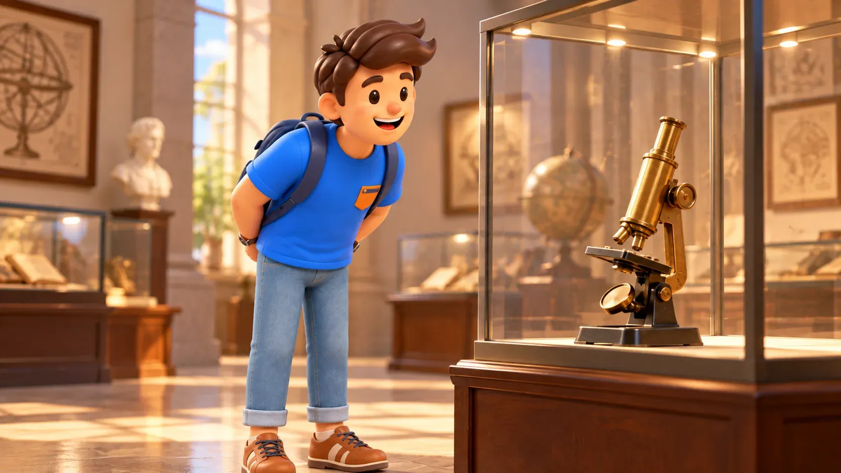 Le personnage observe un microscope ancien dans une vitrine fermée