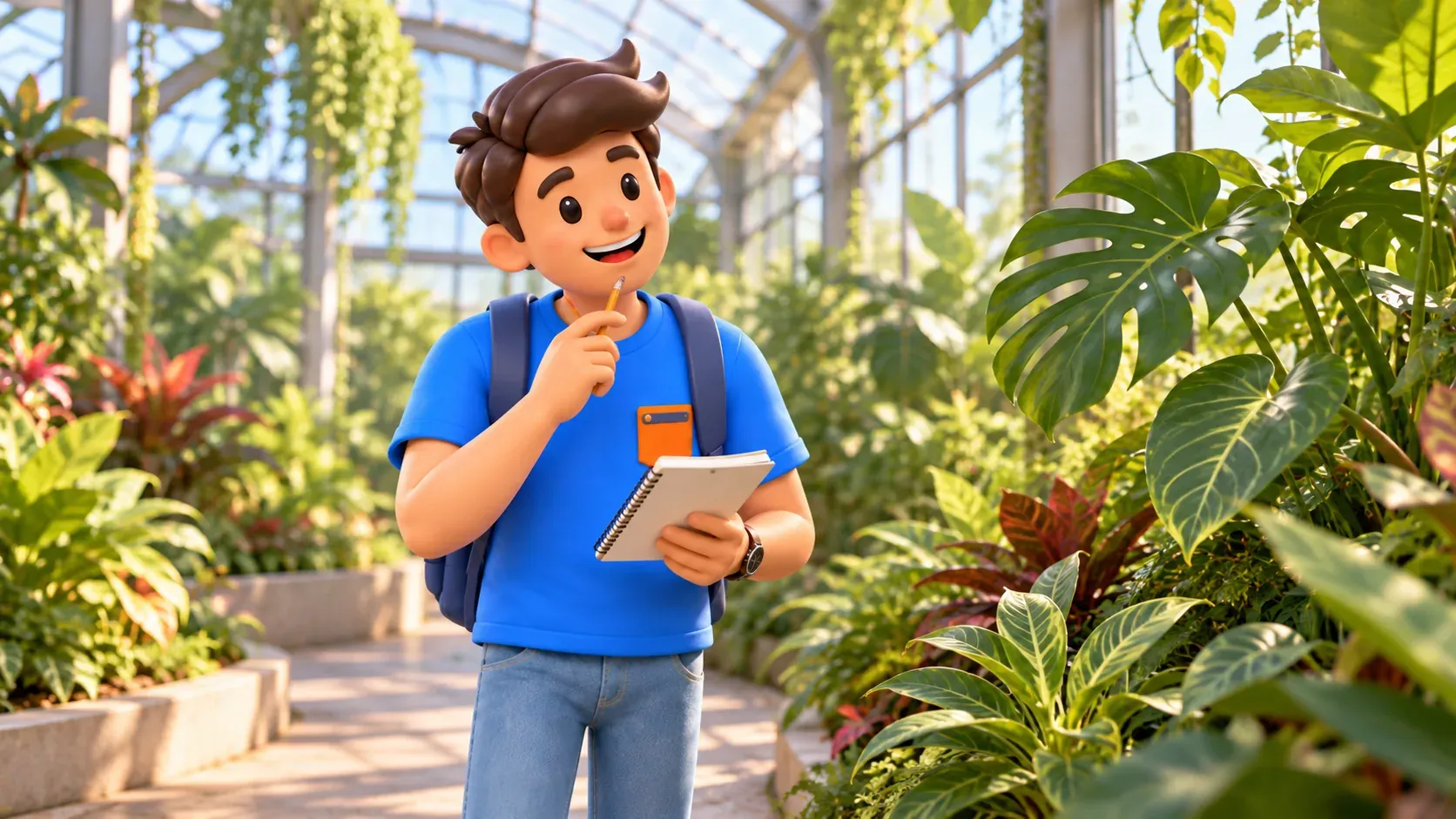 Le personnage compare des formes de feuilles depuis une allée de serre avec un carnet