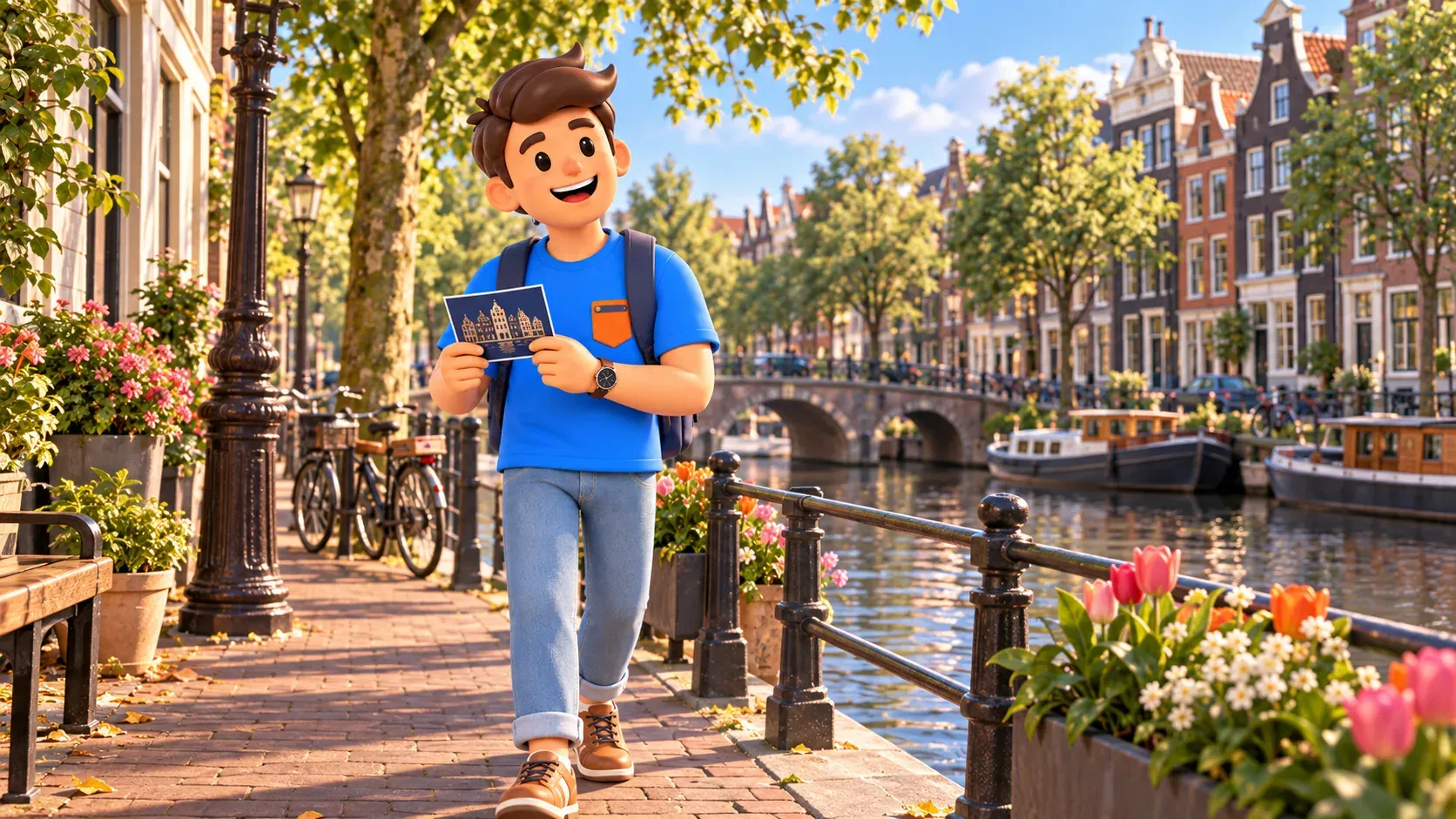 Illustration thématique d’un voyageur avec une carte sur un quai imaginaire d’Amsterdam