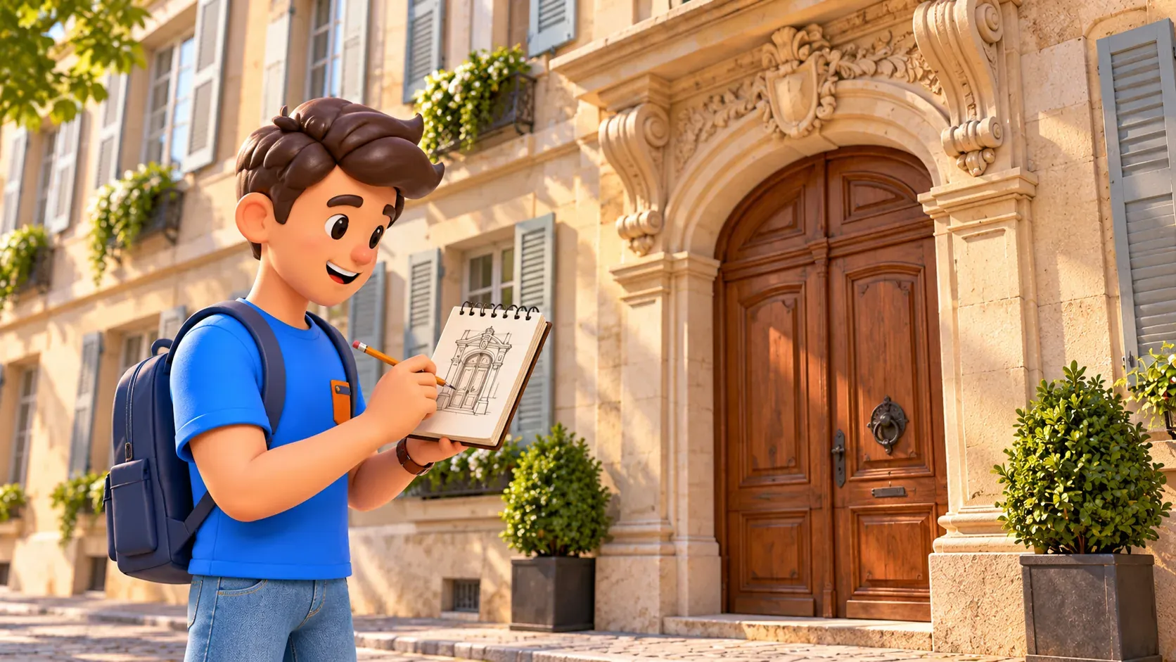 El personaje dibuja un portal histórico en una libreta