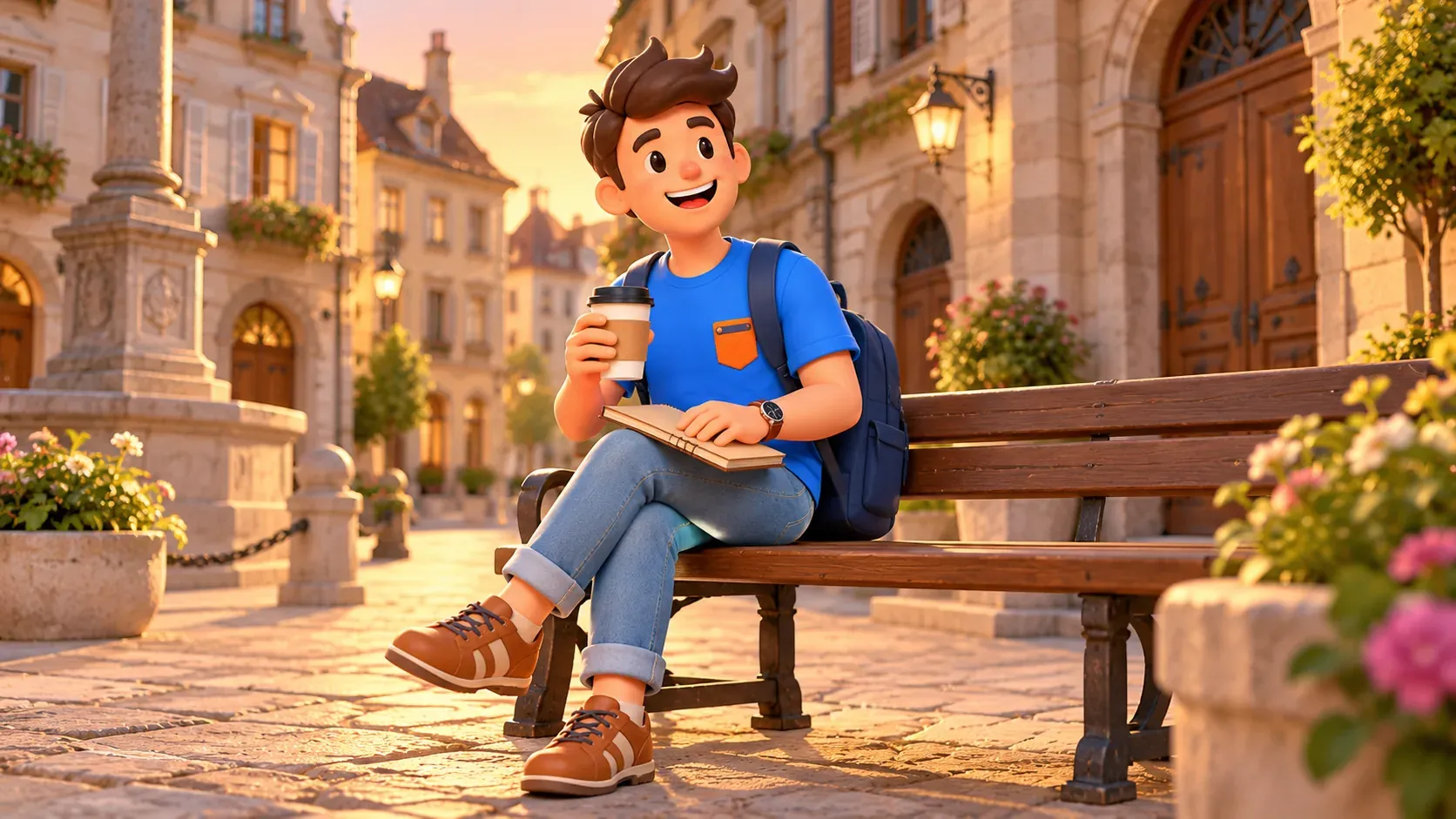 El personaje descansa en un banco con un café y una libreta
