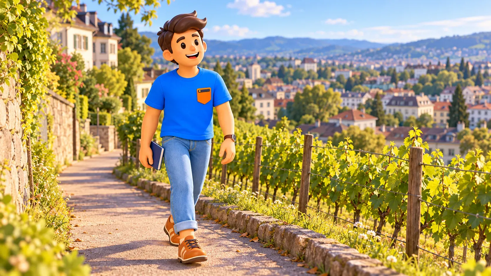 Illustration eines Reisenden auf einem beispielhaften öffentlichen Weg am Rebberg