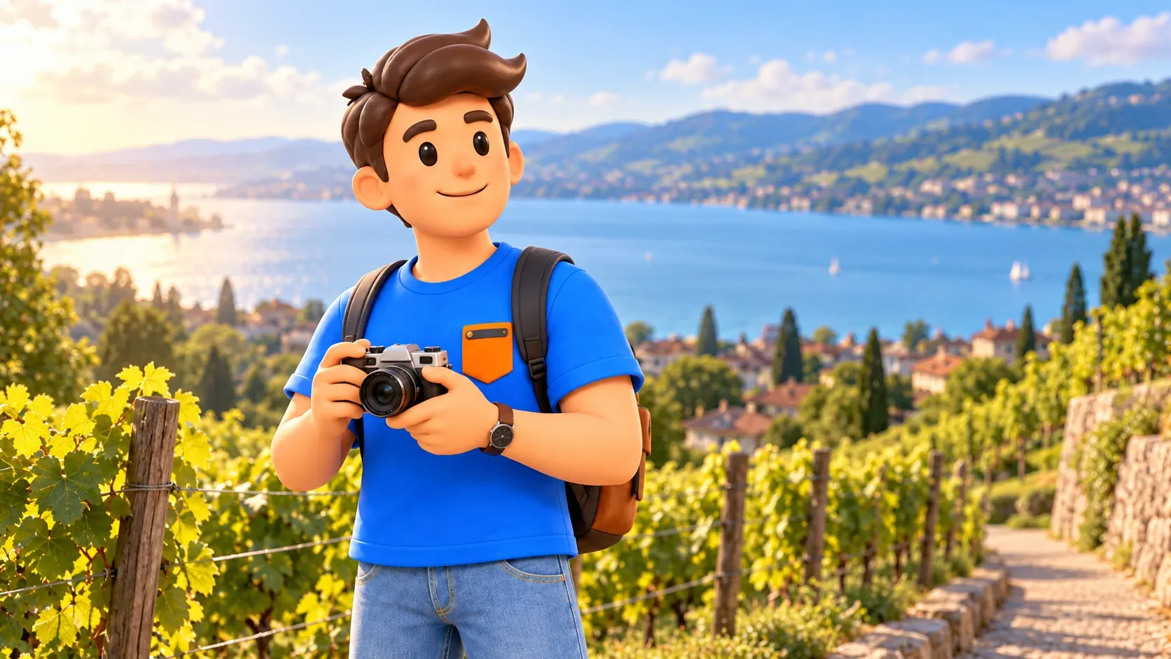 Illustration eines Reisenden mit Kamera an einem beispielhaften Rebhang mit Seeblick