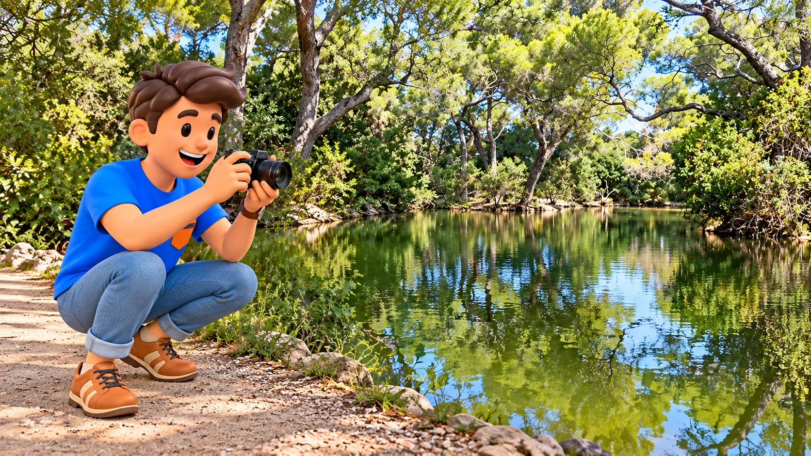 Illustrated traveller crouching on a fictional park path to photograph pond reflections