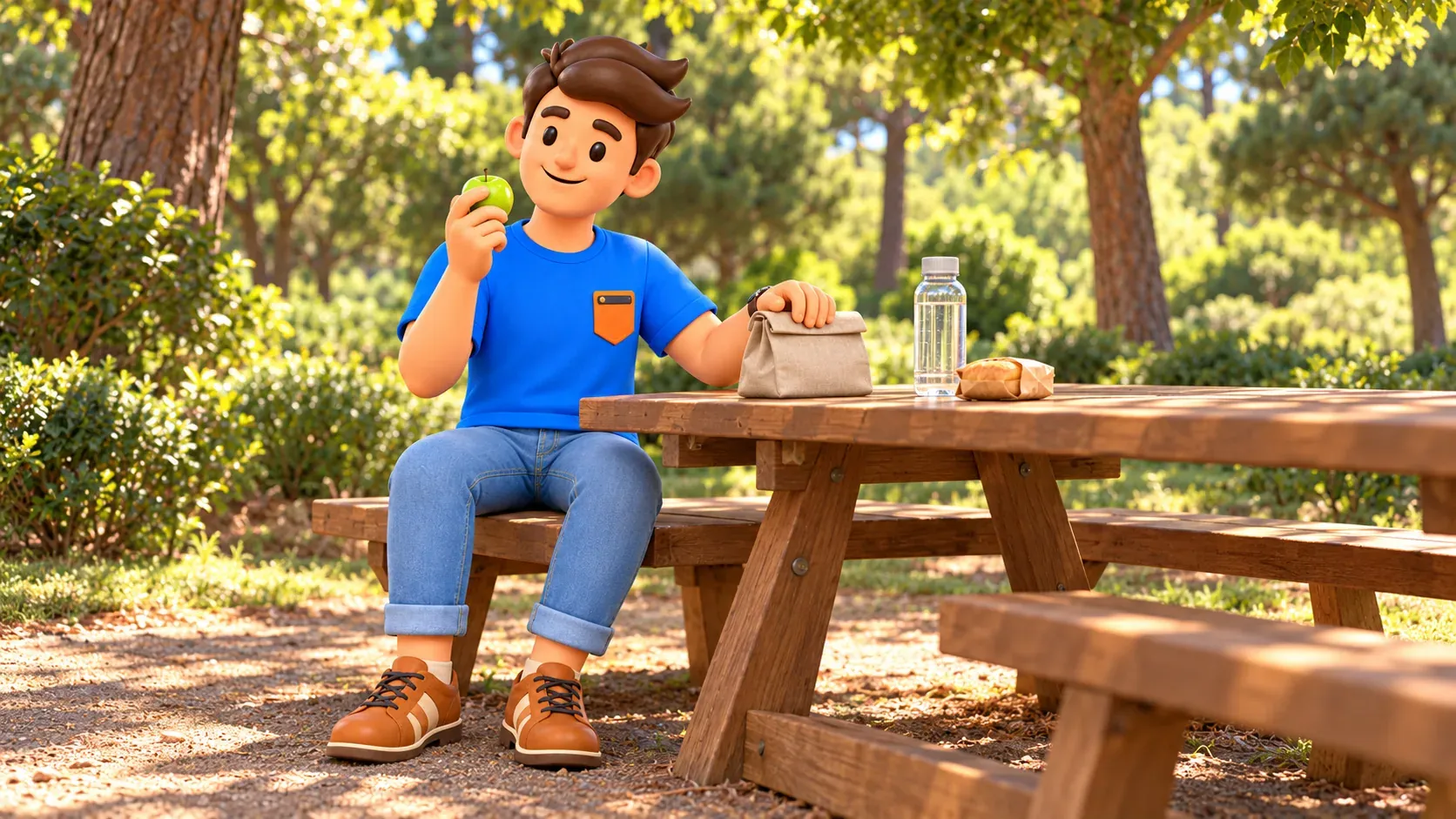 Illustrated traveller with a green apple resting at a table in a fictional park picnic scene