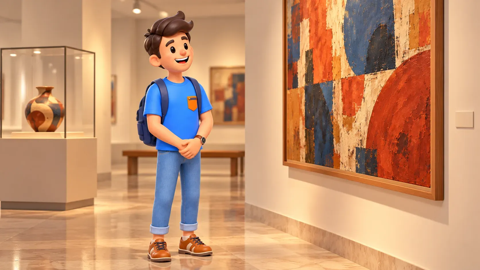 Viajero observando una pintura abstracta en una galería de museo estilizada.