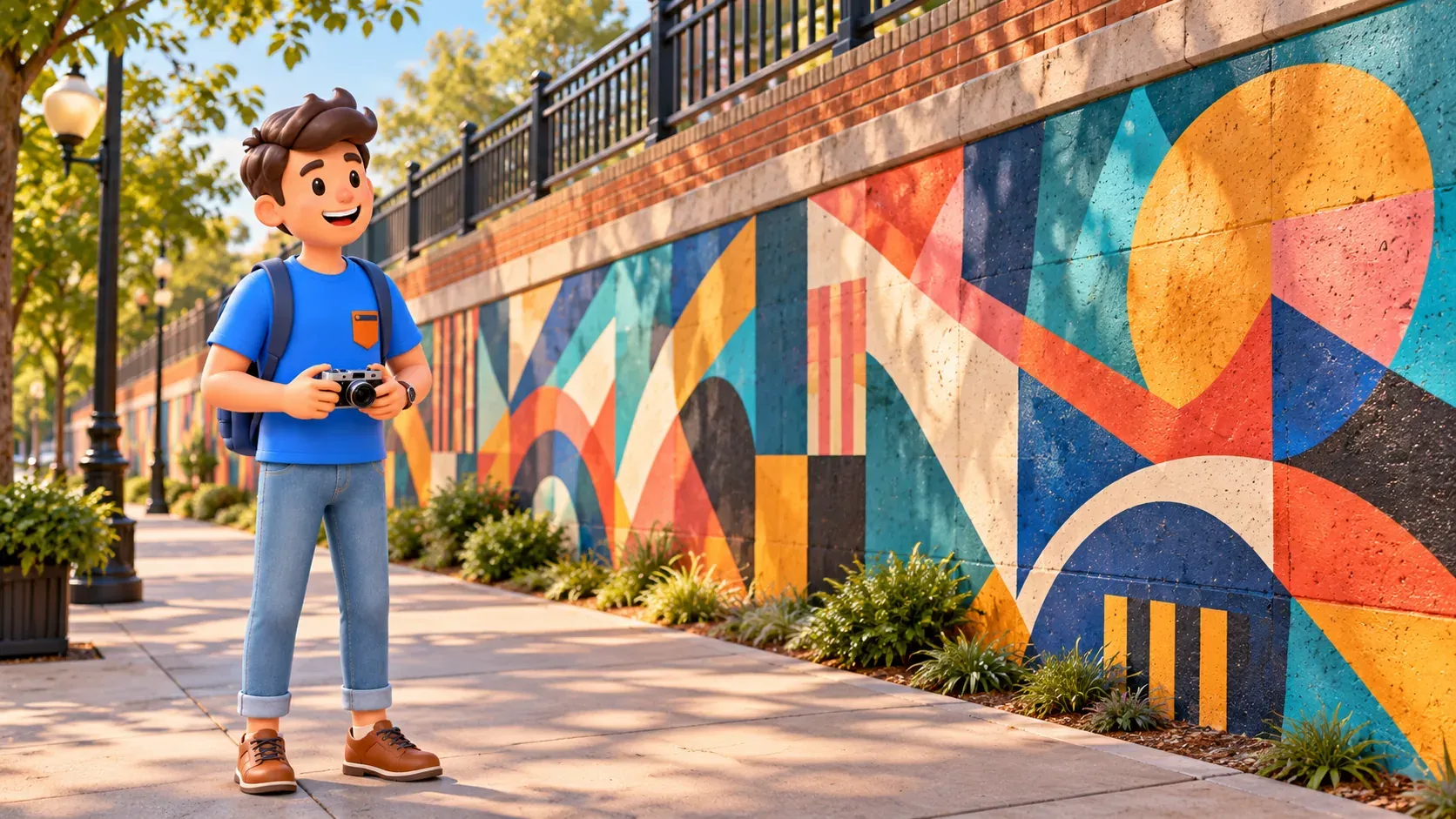 Viajero con cámara junto a un mural estilizado en un muro de contención con valla encima.