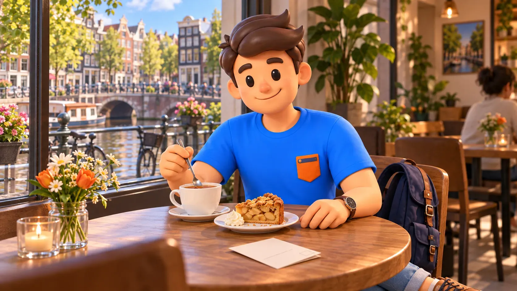 Illustration thématique d’un voyageur avec thé et gâteau aux pommes dans un café imaginaire au bord d’un canal