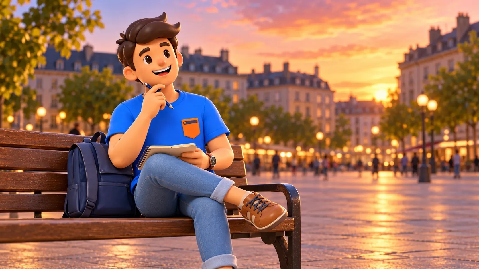 The character with a notebook resting after an evening walk