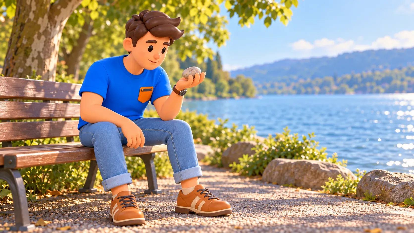 Ilustración de un viajero observando la forma de una piedra junto al lago