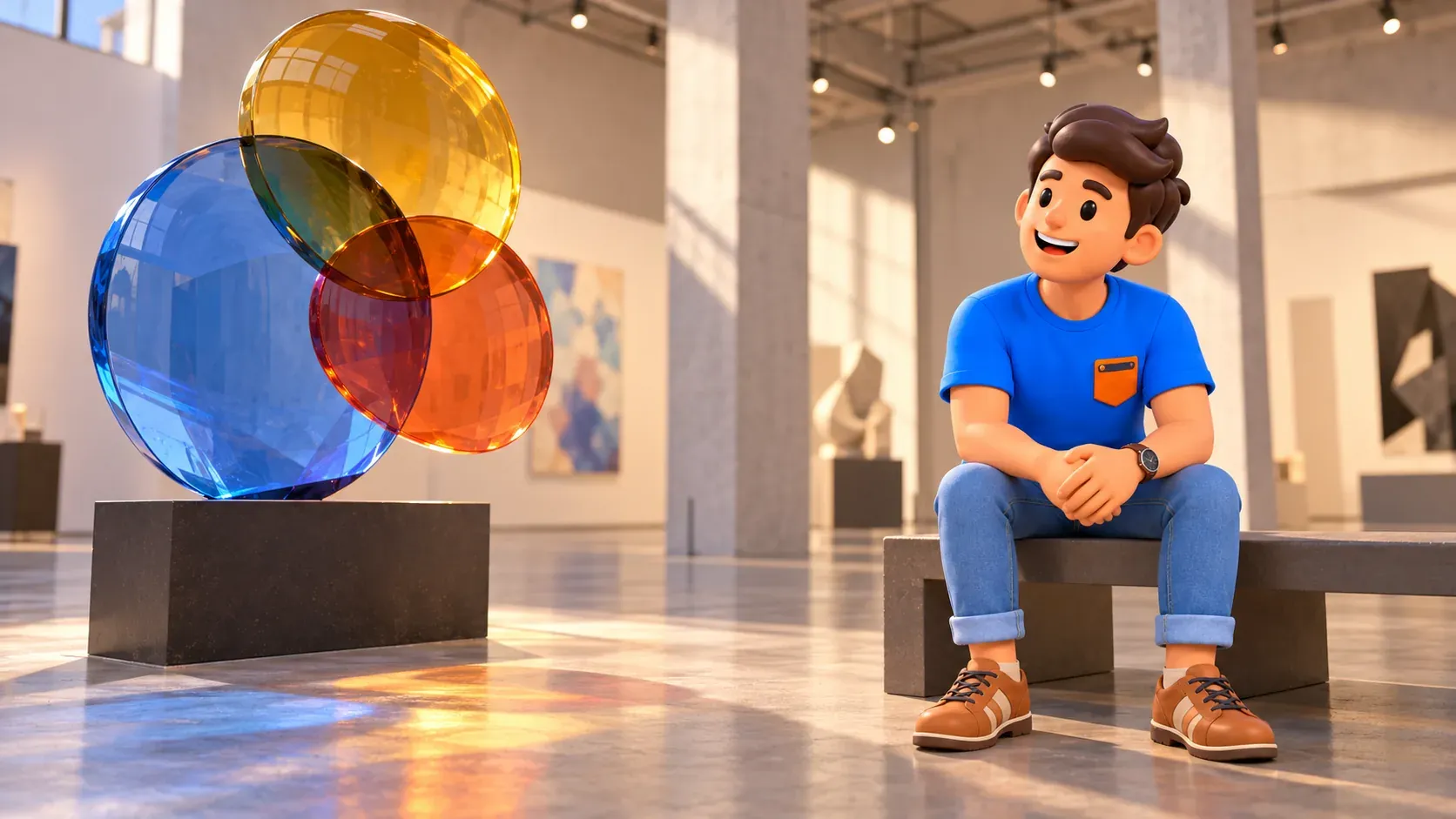 Viajero ilustrado observa una escultura ficticia de discos de colores en una galería imaginaria