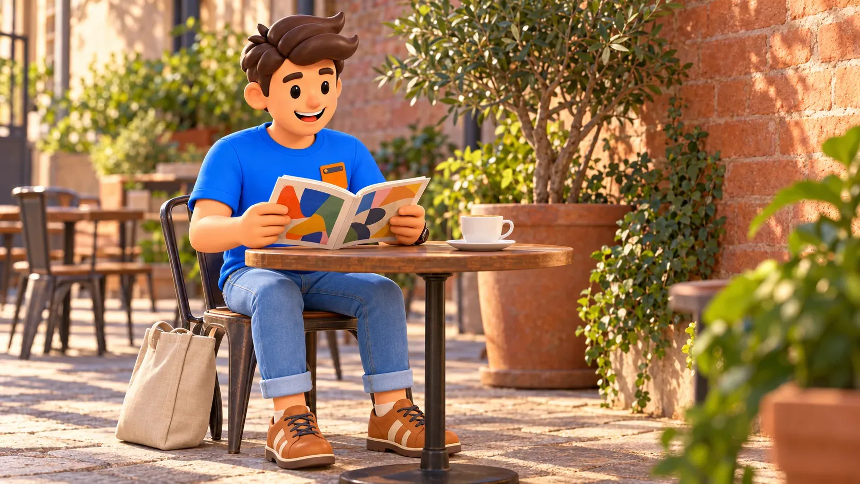 Viajero ilustrado con libro de arte y café en una escena de descanso en un patio ficticio