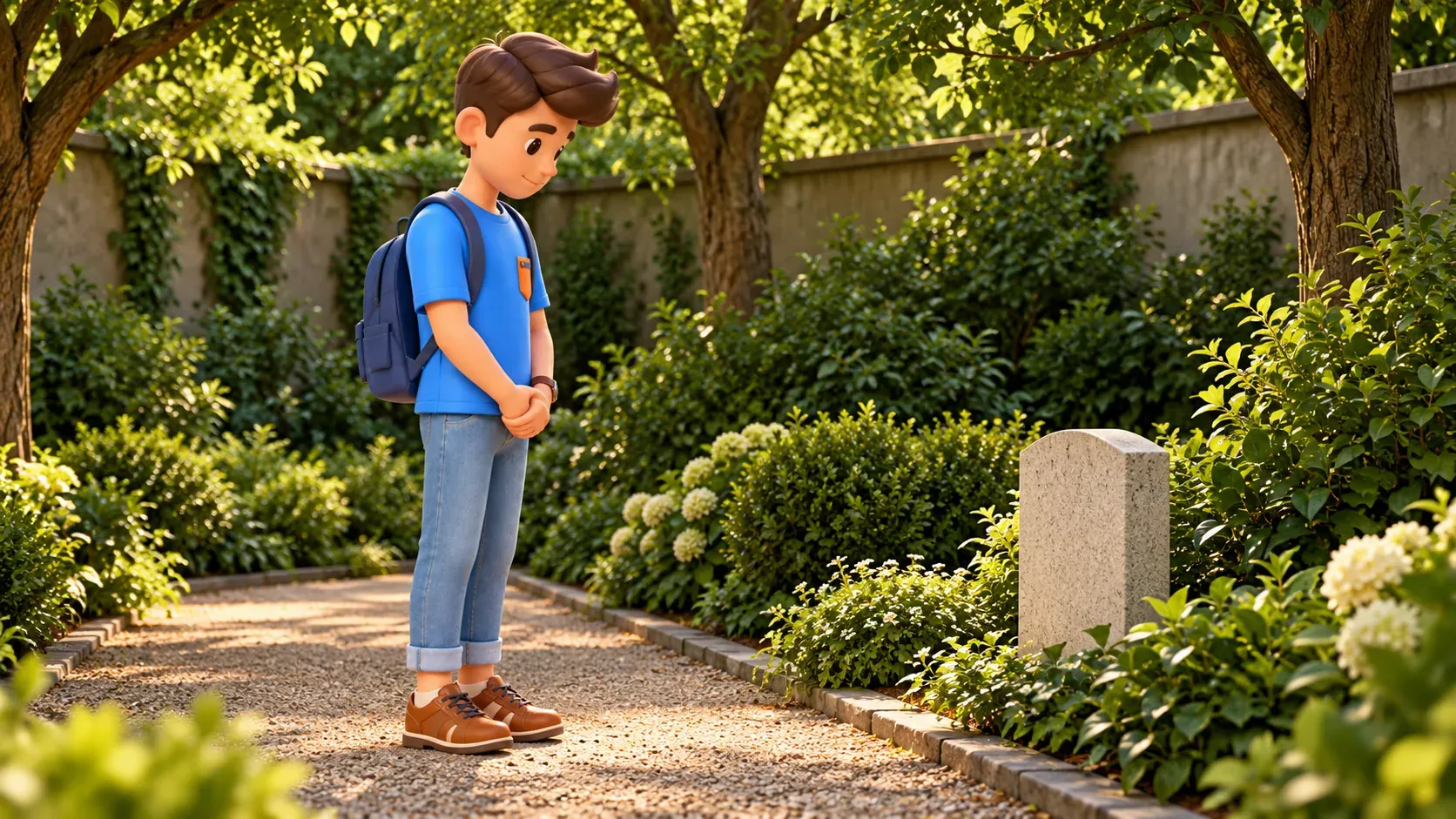The character quietly viewing a modest commemorative stone