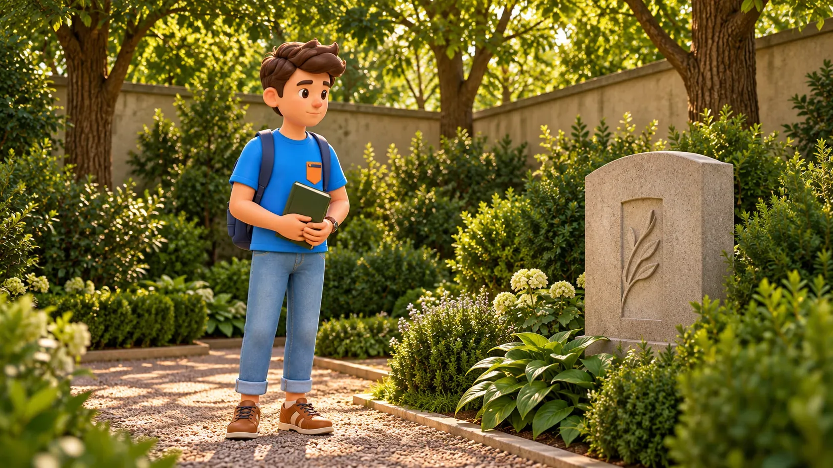 A traveller holding a book near a memorial stone