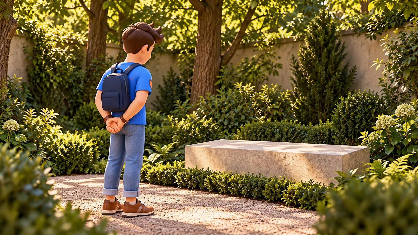 The character viewing a low stone composition from a path