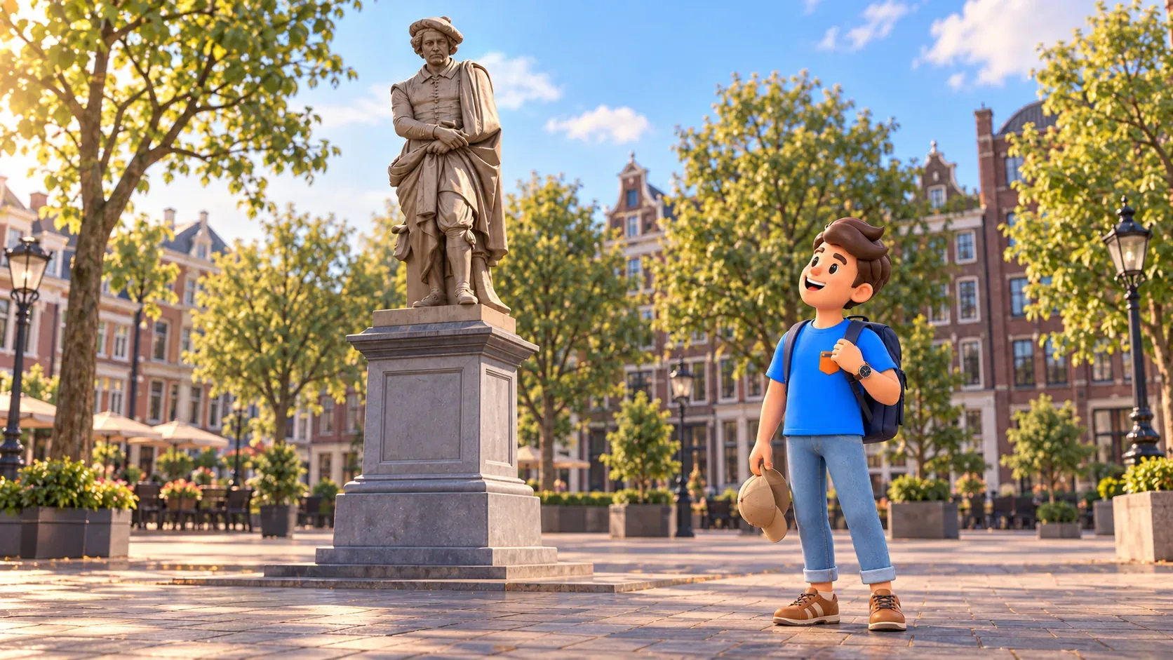 Ilustración de un viajero con gorra observando el monumento principal a Rembrandt