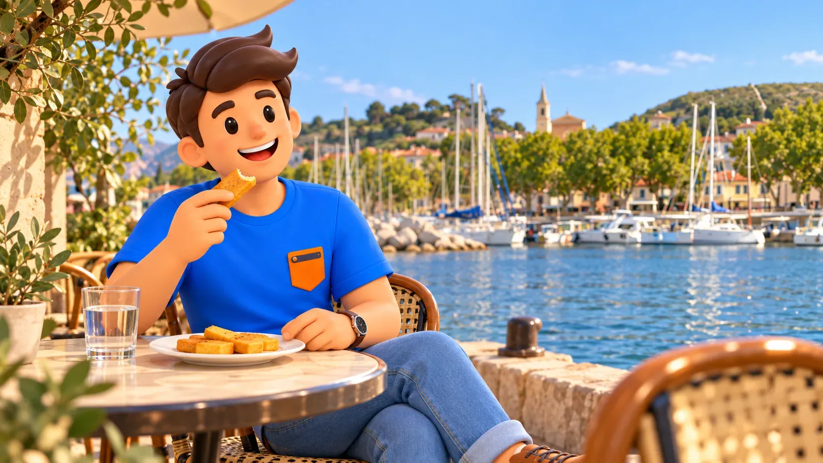 Voyageur illustré goûtant une panisse dans un café imaginaire devant le port de L’Estaque recréé d’après photo