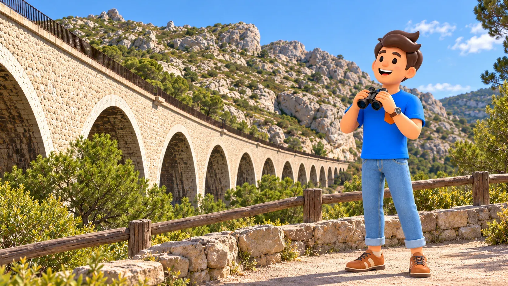 Voyageur illustré avec jumelles sur un chemin fictif au sol devant le viaduc de Corbières recréé d’après photo