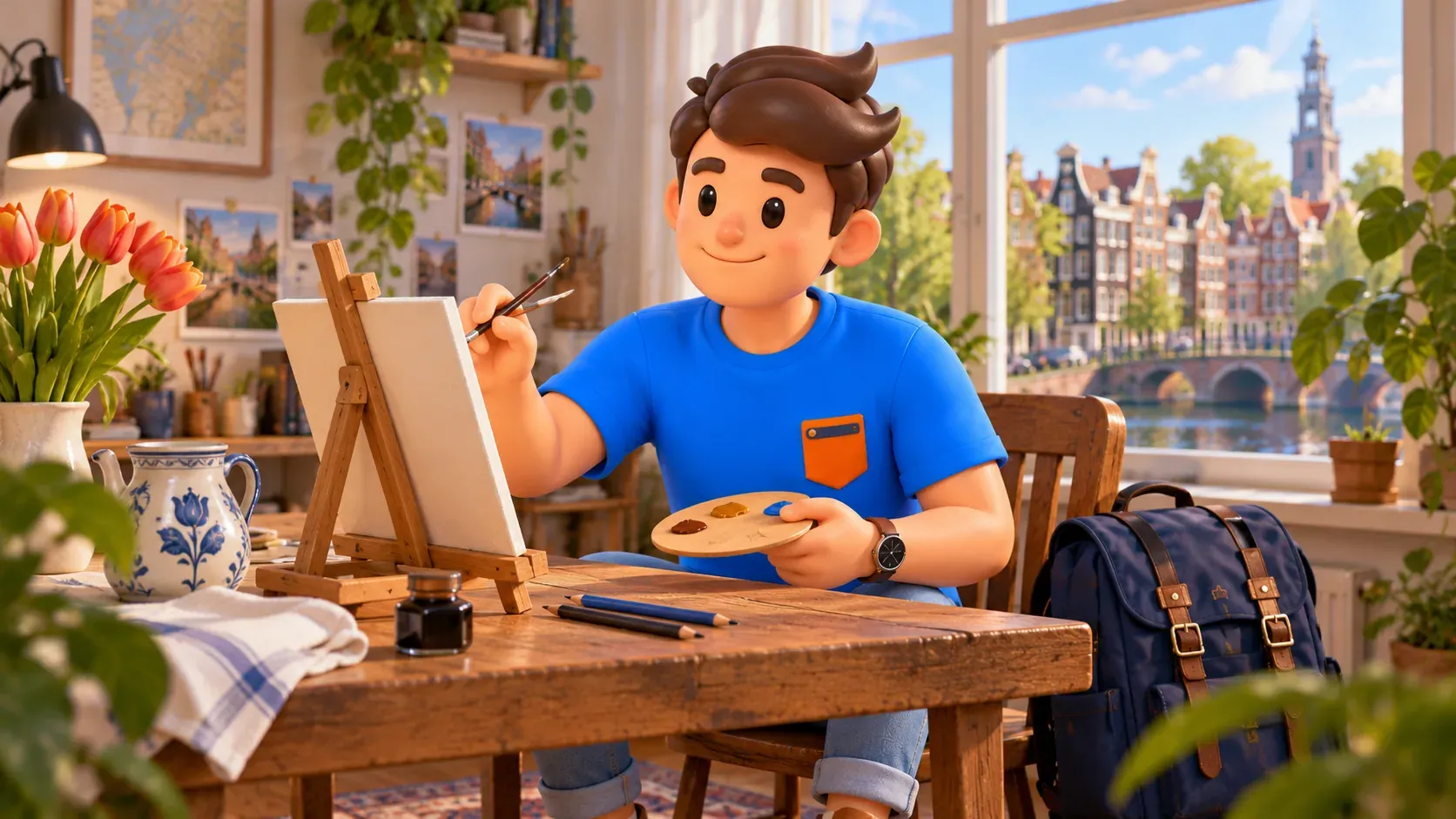 Ilustración temática de un viajero con pinceles y paleta en un estudio artístico imaginario