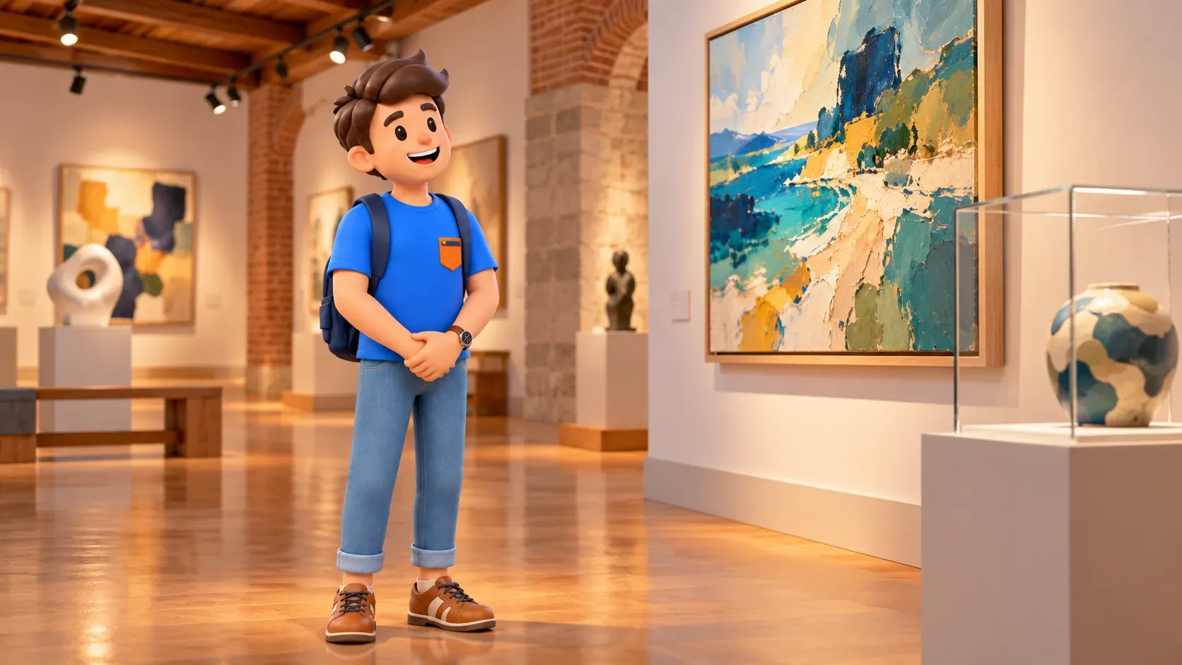 Voyageur près d’un tableau abstrait dans une galerie stylisée au plafond de bois.