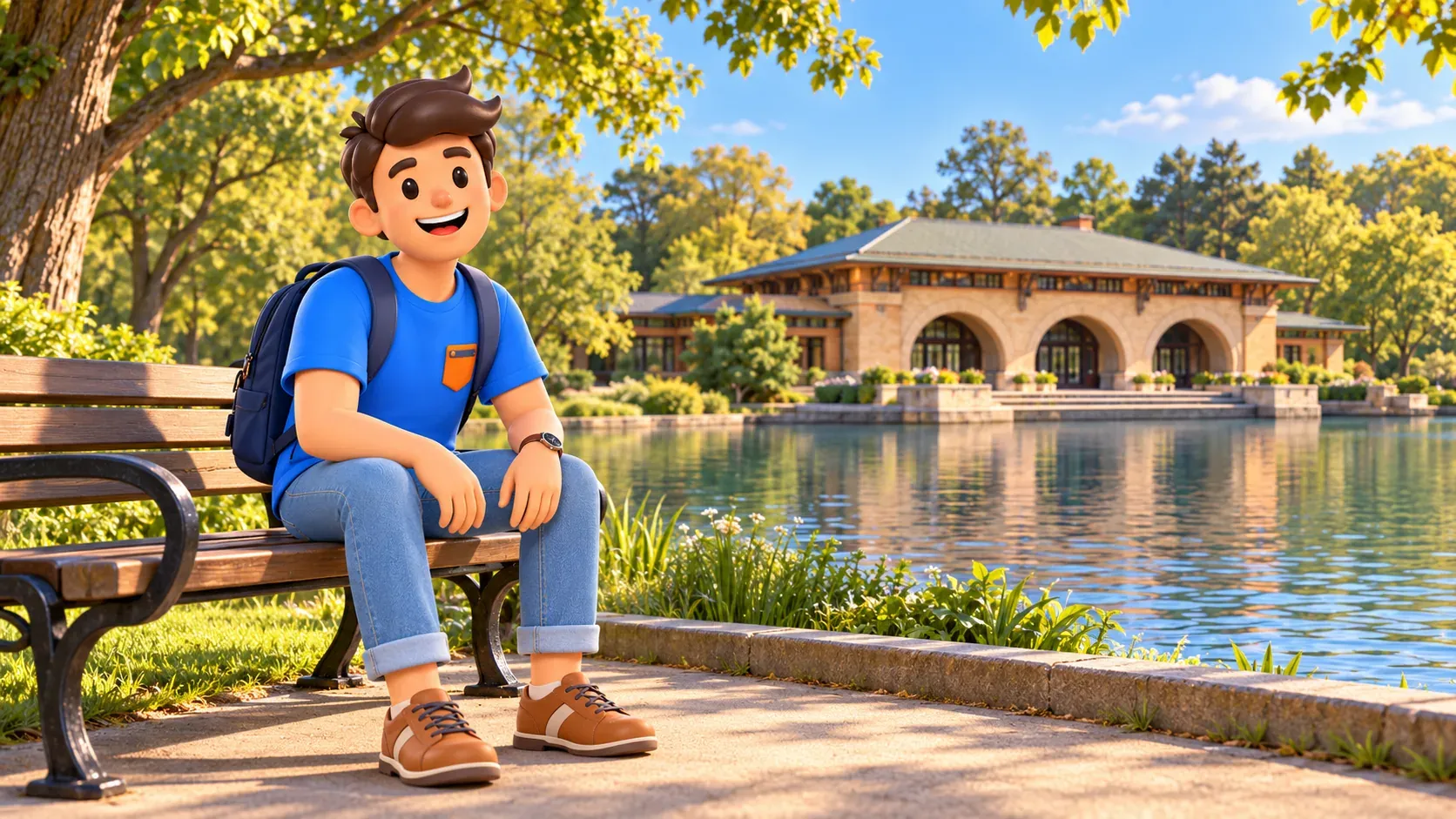 Voyageur sur un banc près de la lagune et d’un pavillon à trois arches stylisé de Humboldt Park.
