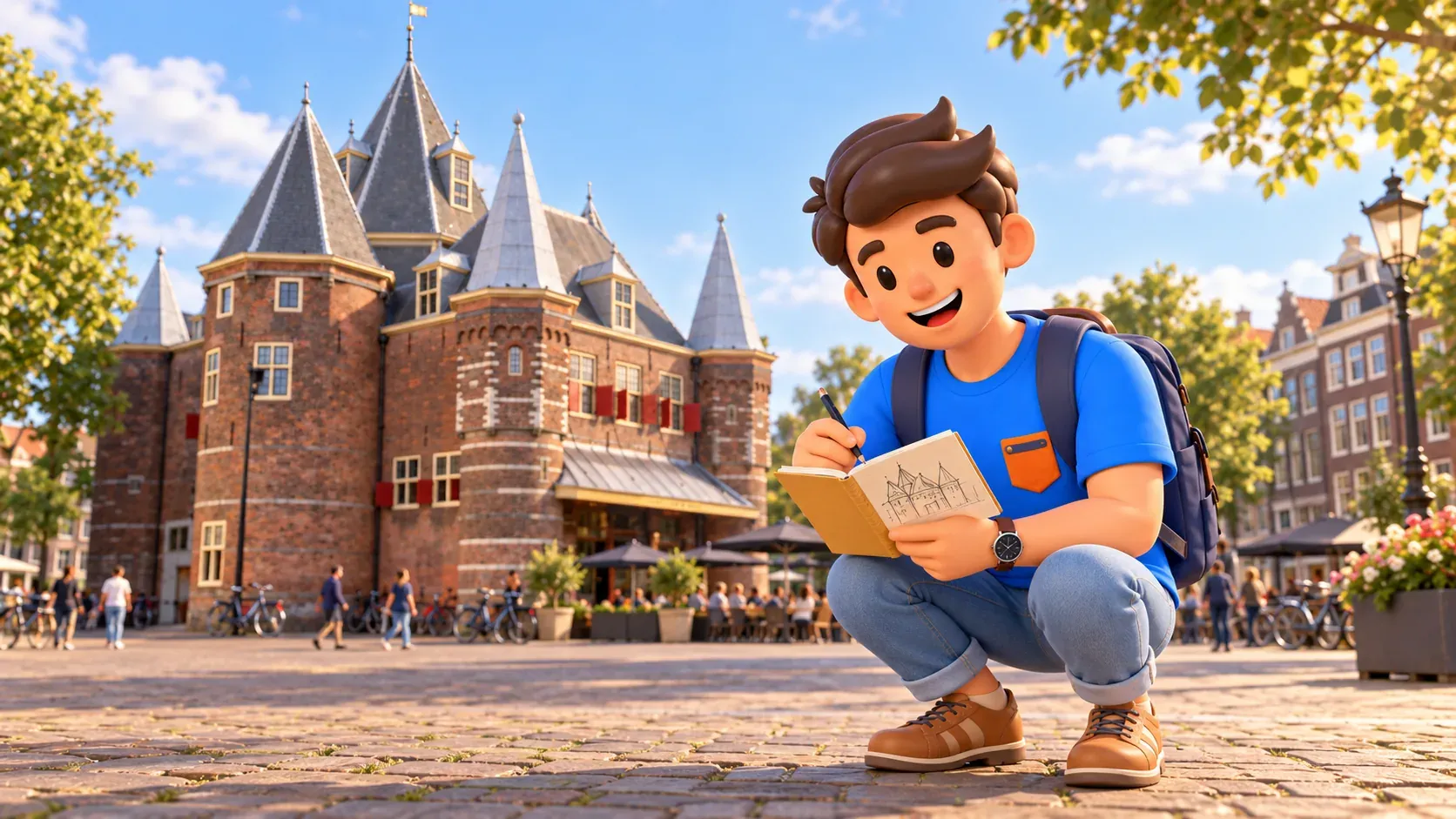 Ilustración de un viajero en cuclillas en la plaza dibujando De Waag