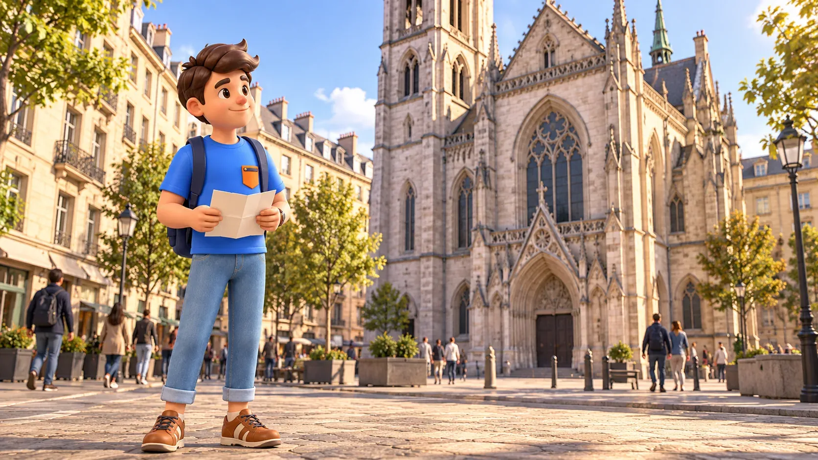 Un viajero observa una iglesia neogótica desde la calle