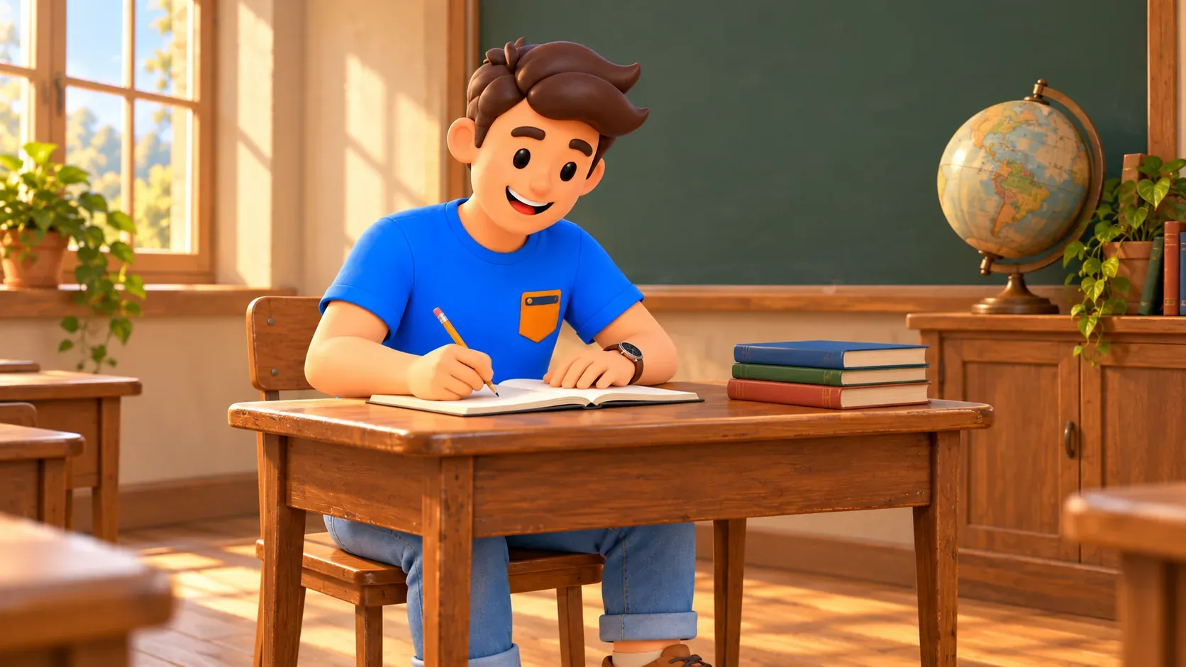 Voyageur illustré écrivant à un pupitre en bois dans une ancienne salle de classe imaginaire
