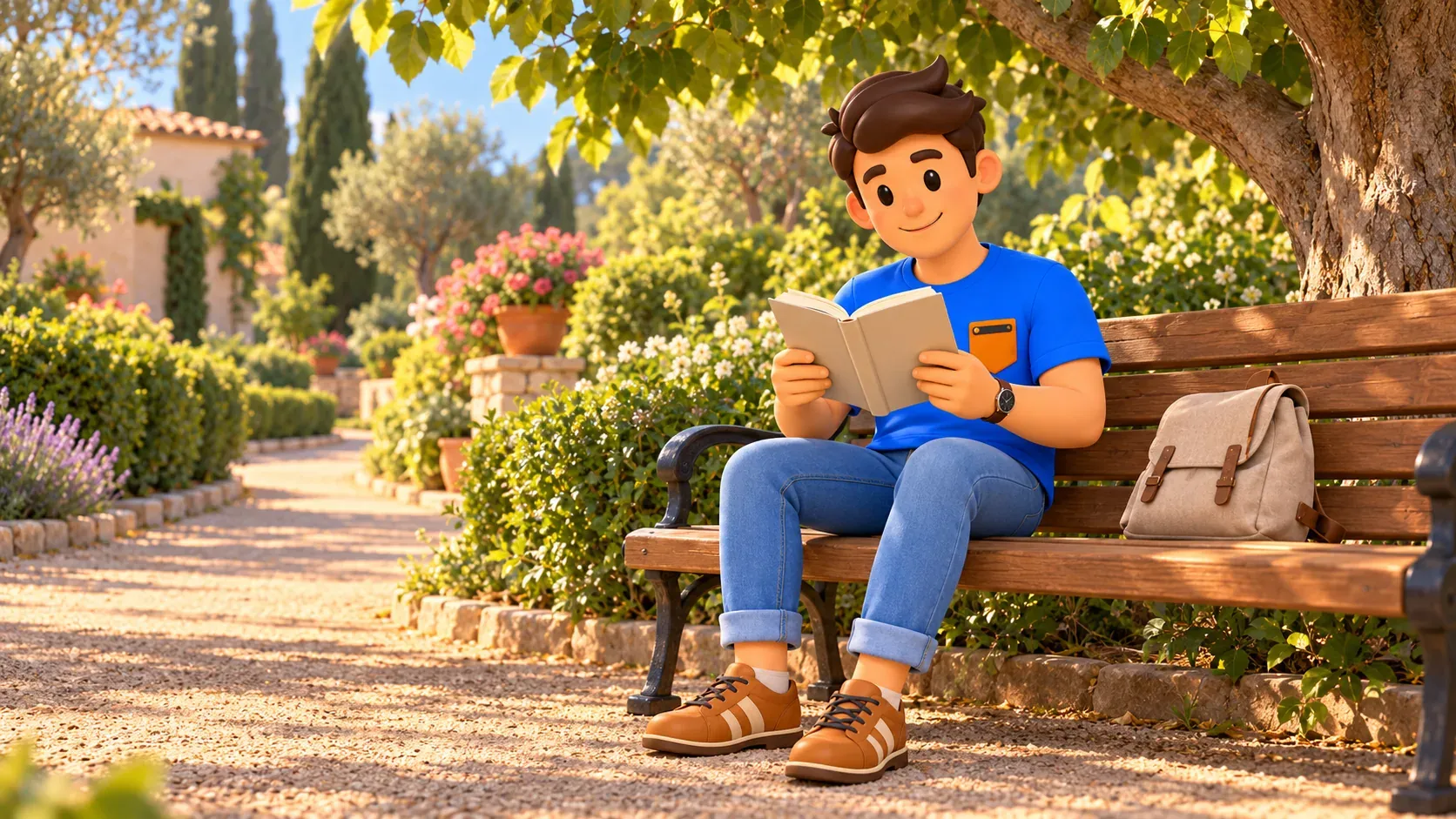 Voyageur illustré lisant sur un banc dans un jardin méditerranéen imaginaire