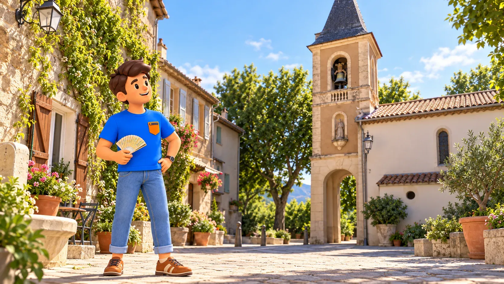 Voyageur illustré avec éventail regardant le clocher Saint-Dominique à La Treille recréé d’après photo