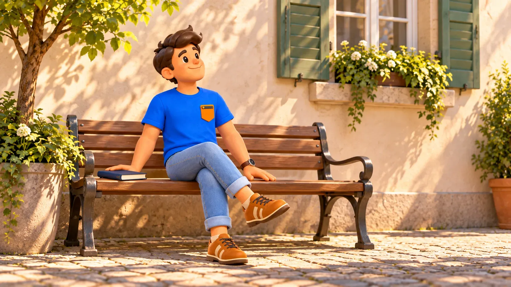 Ilustración de un viajero descansando en un banco de un patio antiguo imaginario