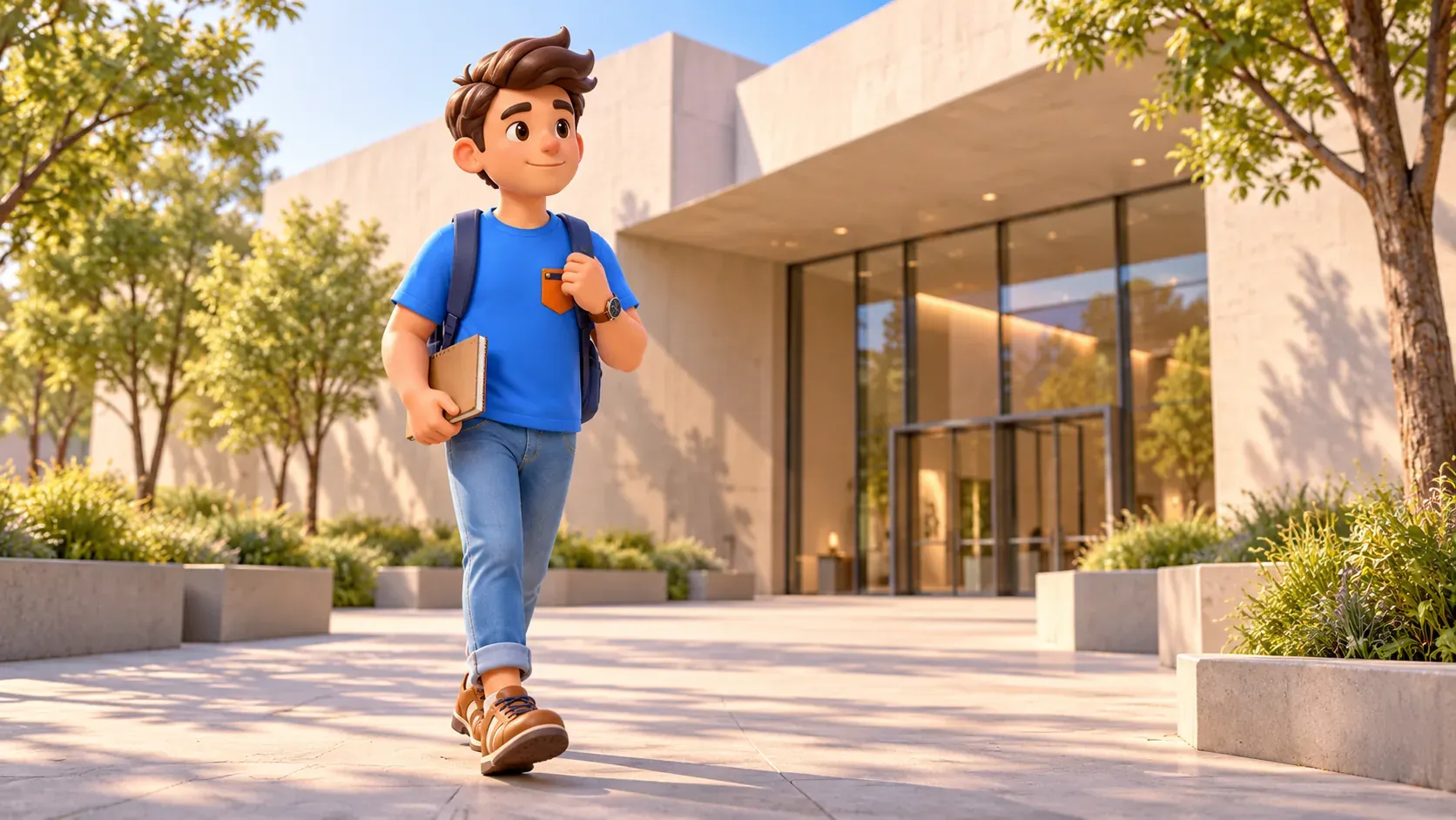 El personaje se acerca a un edificio de museo contemporáneo