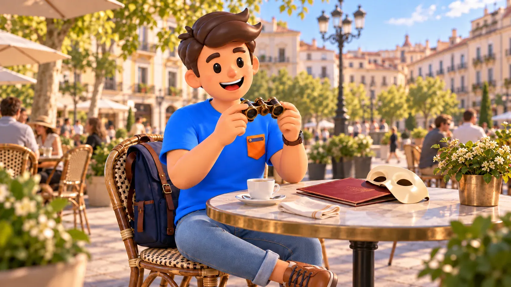Illustration of a traveller with opera glasses at a café table