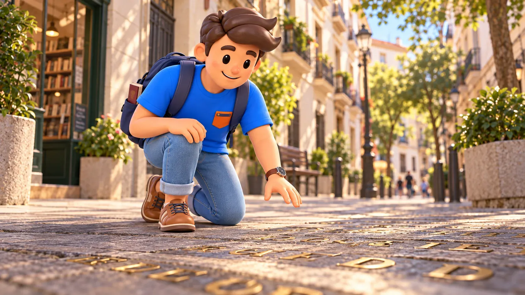 Illustration of a traveller examining lettering in street paving