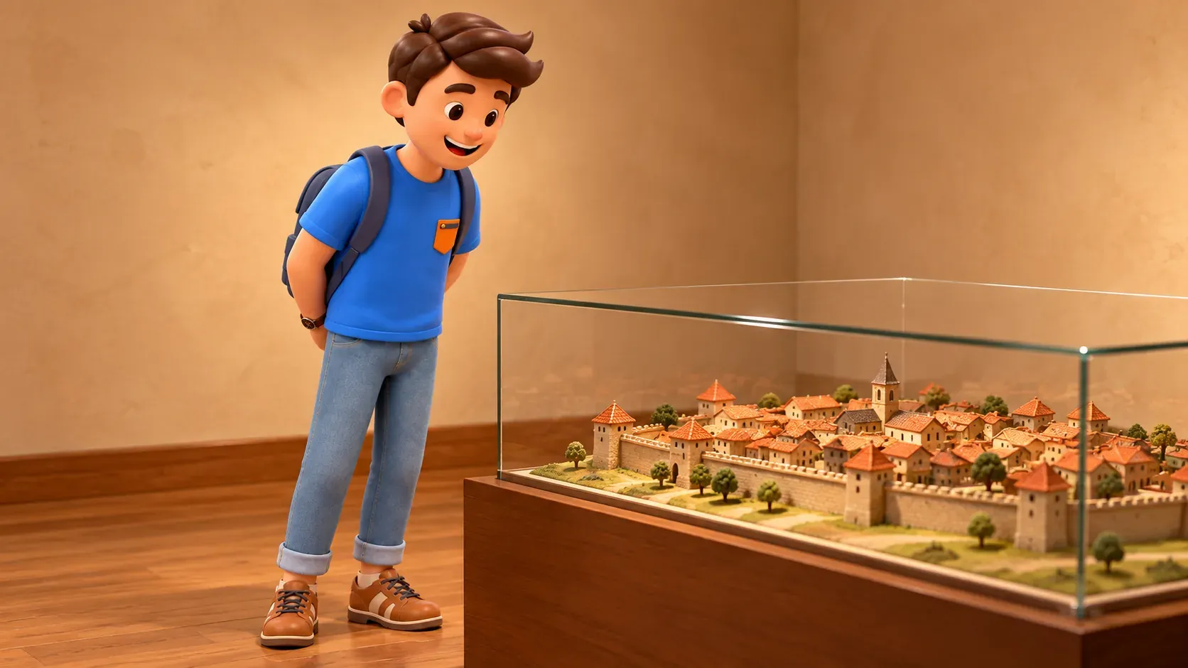 The character viewing an old-town model behind glass