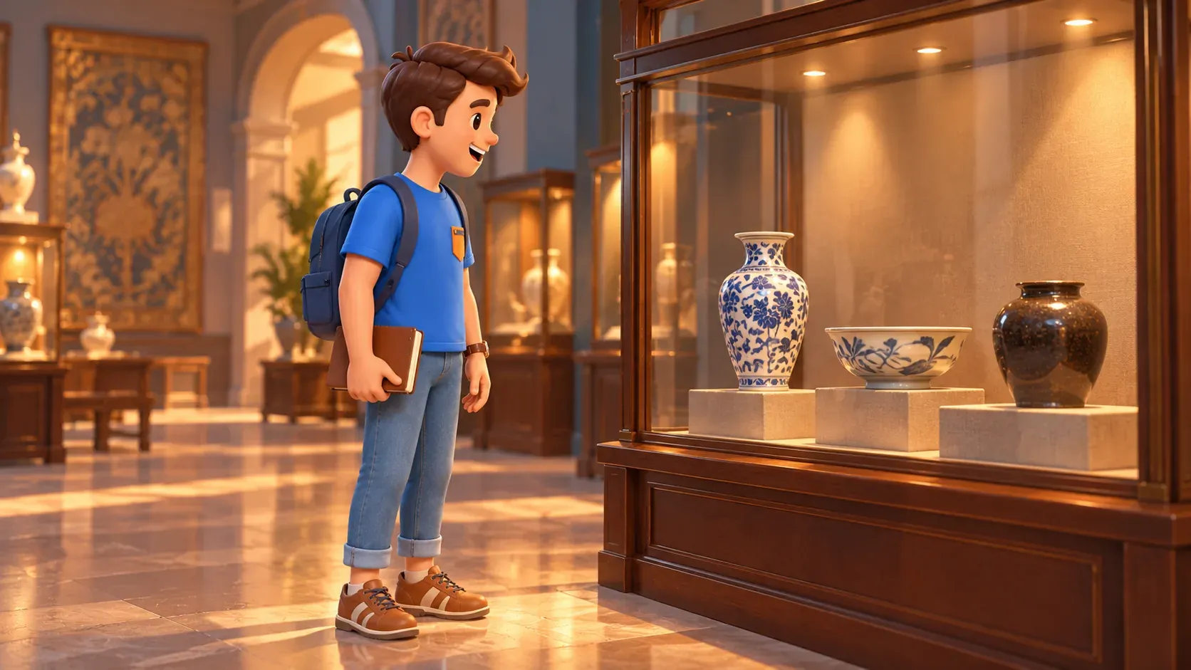 A traveller viewing ceramics in a museum display case