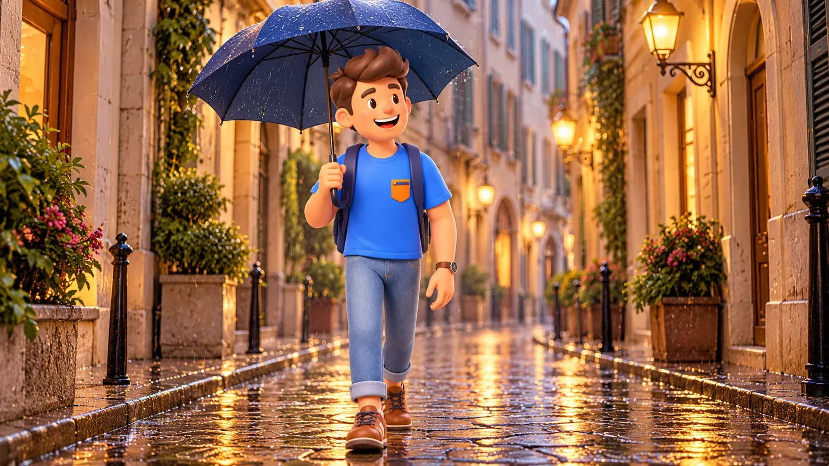 The character walking with an umbrella along a wet city street