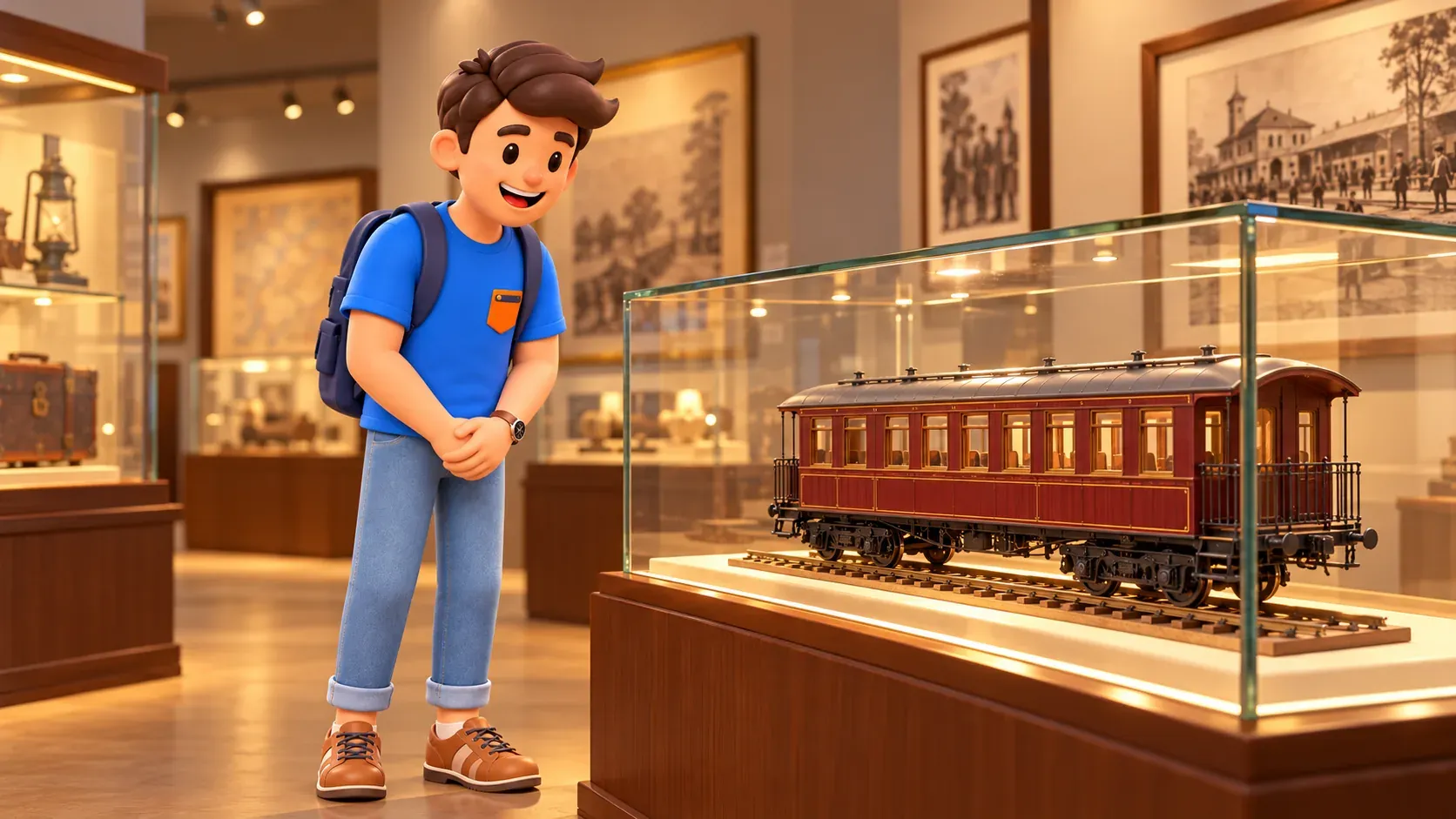 Viajero ante una maqueta de coche ferroviario en un museo, escena artística