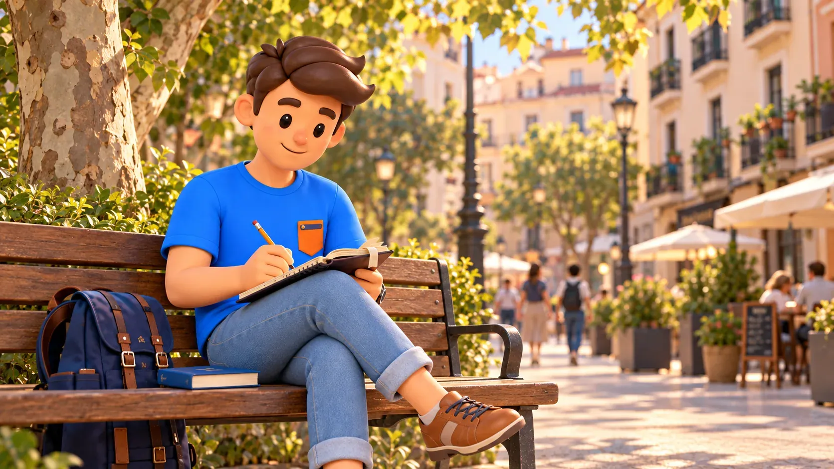 Illustration of a traveller writing in a notebook on a bench