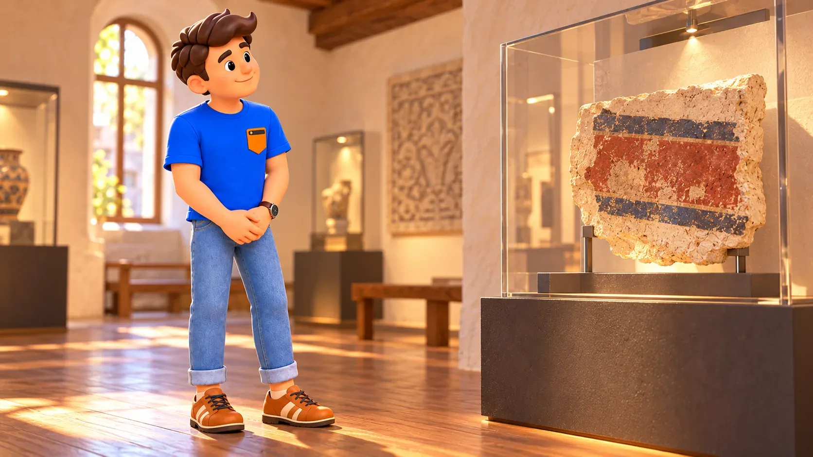 Illustration eines Reisenden vor einem beispielhaften bemalten Putzfragment in einer Vitrine