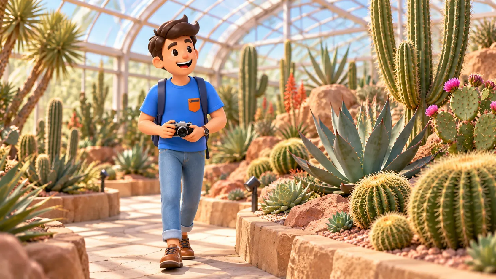 Voyageur sur un chemin parmi cactus et succulentes, scène artistique