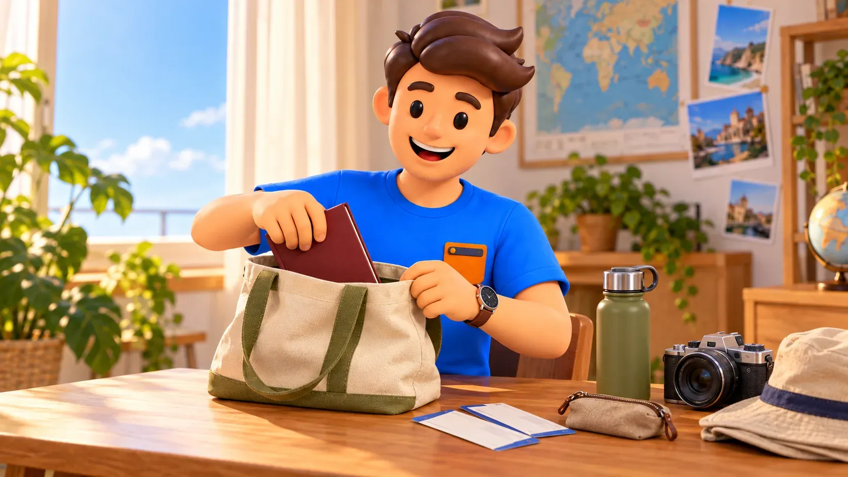Illustrierter Reisender packt ein Buch in eine kleine Tasche an einem fiktiven Reisetisch