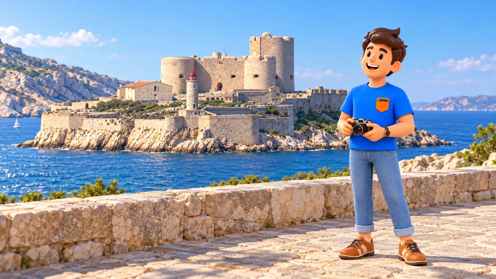 Illustrierter Reisender mit Kamera auf einem illustrativen Vordergrund vor dem nach Foto gestalteten Château d’If