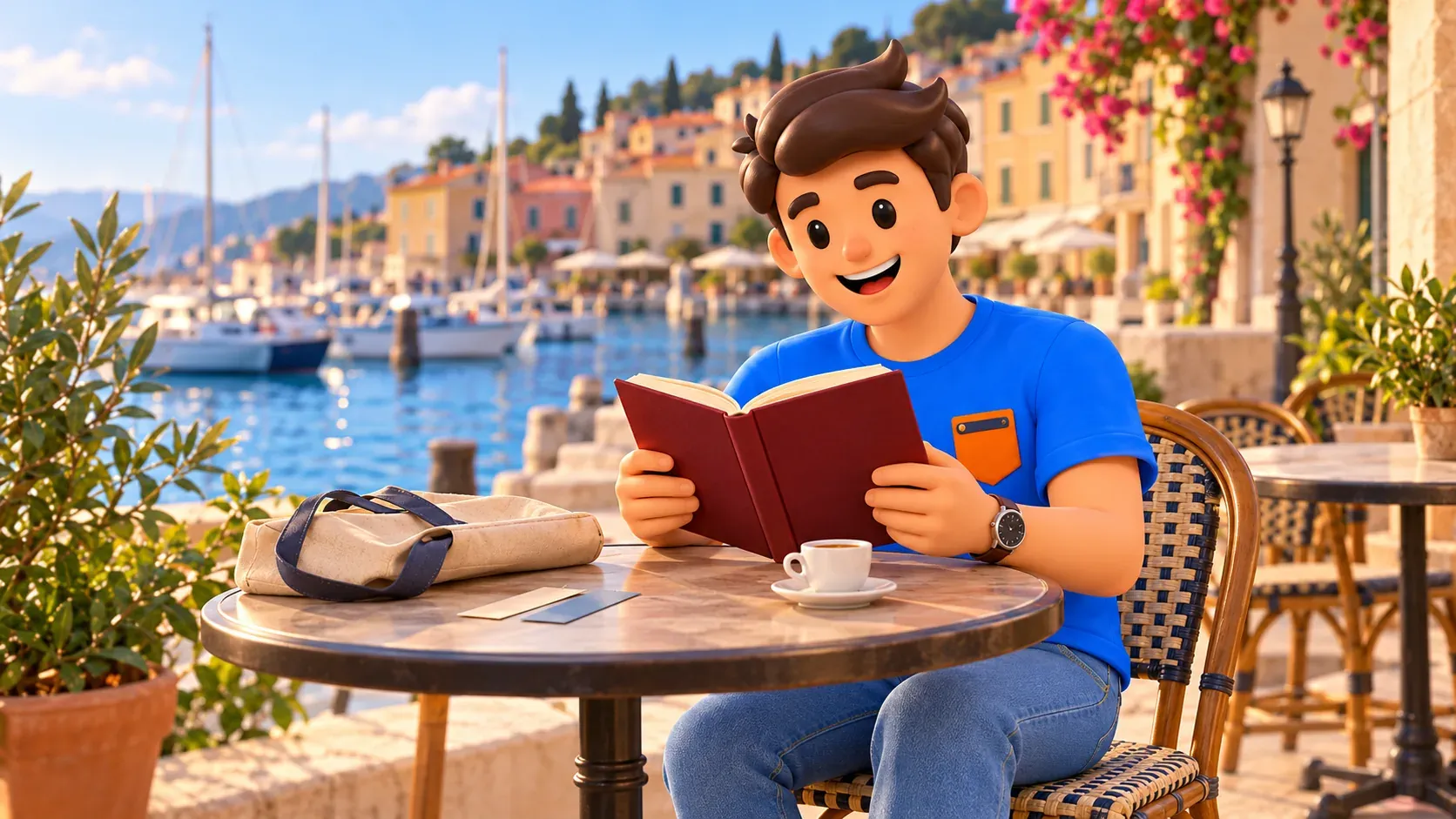 Illustrierter Reisender liest an einem fiktiven mediterranen Hafencafé auf dem Festland