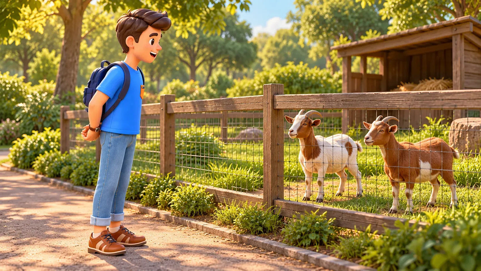 El personaje observa cabras en un recinto desde un sendero público