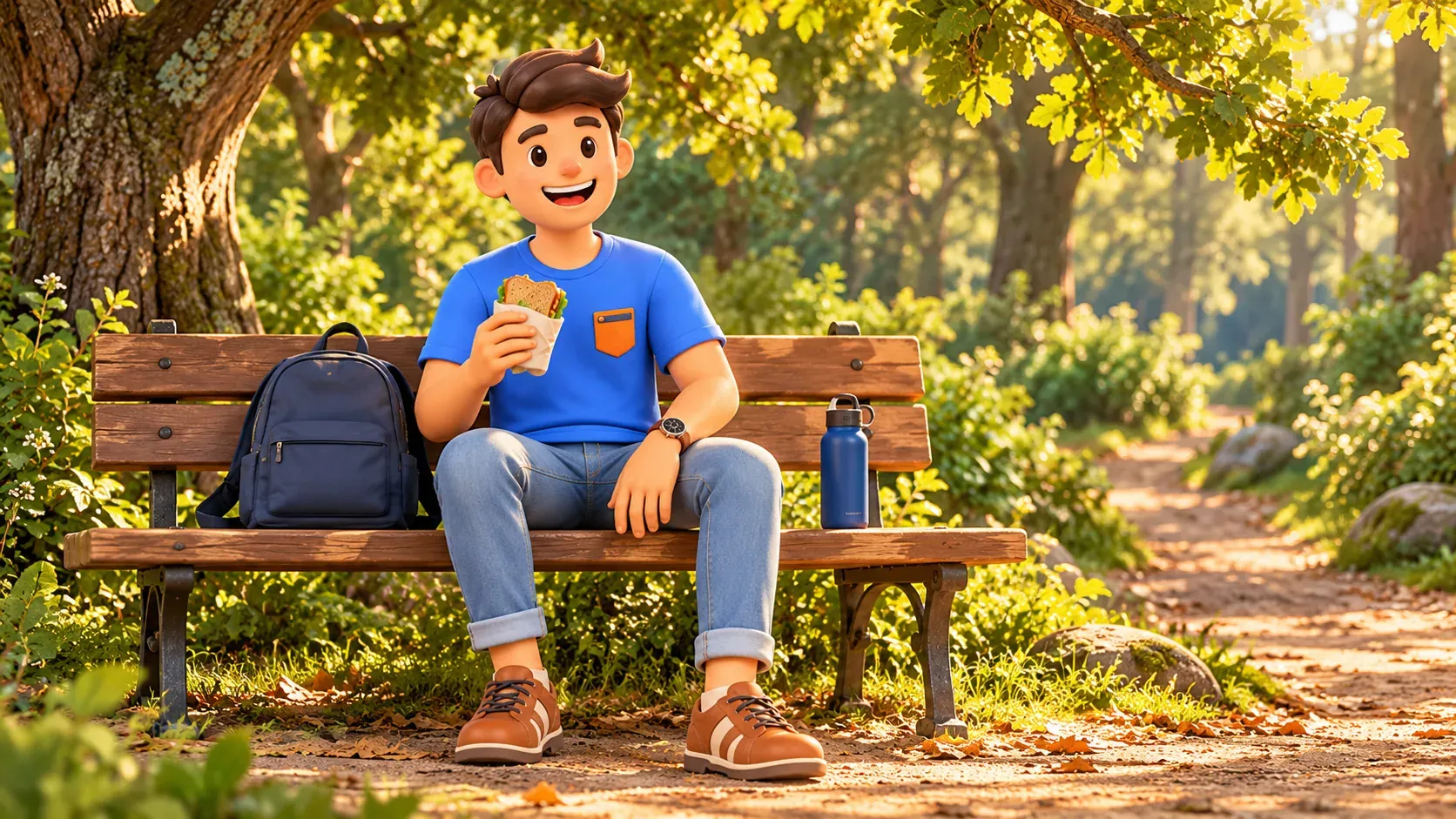 El personaje descansa en un banco del parque con un tentempié