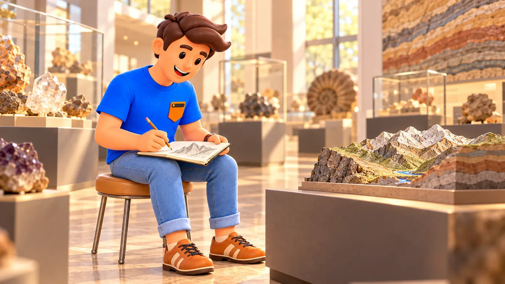 Illustration of a traveller sketching an imagined museum mountain relief