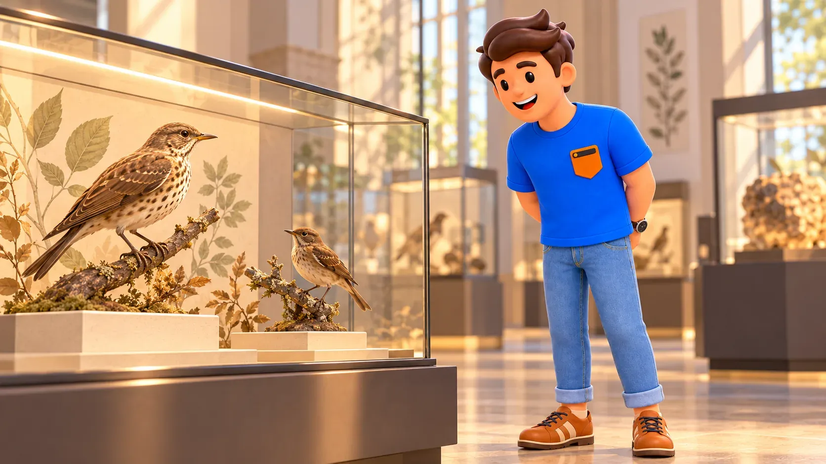 Illustration of a traveller comparing birds in an imagined natural history display