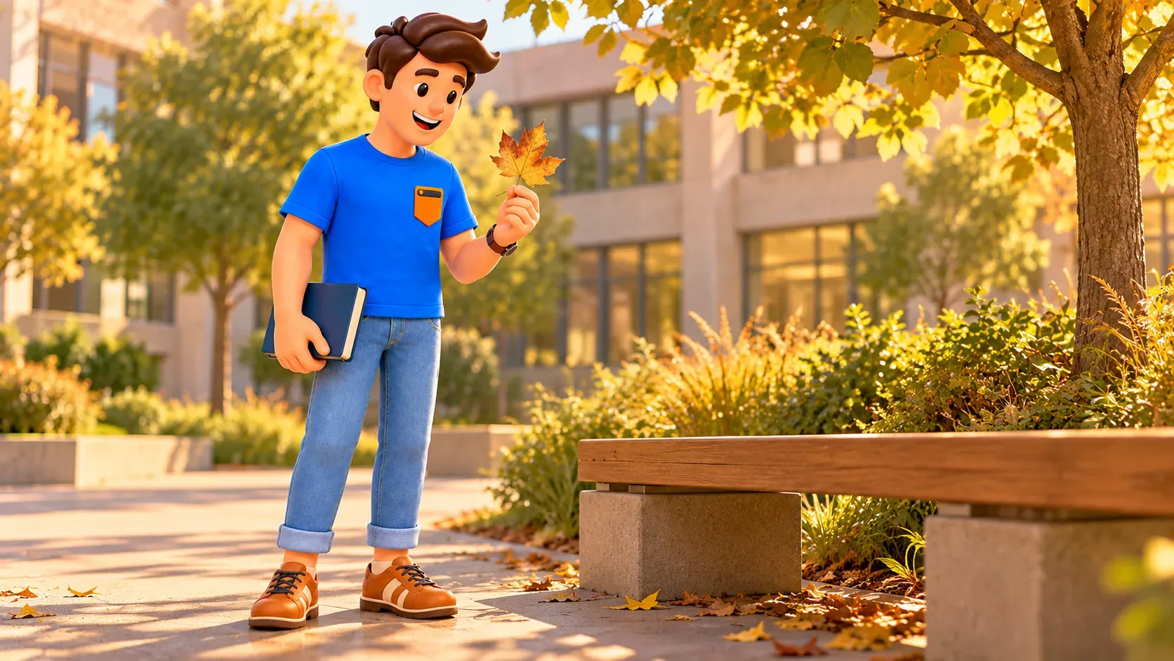 Illustration of a traveller with a notebook examining a leaf on an imagined campus path