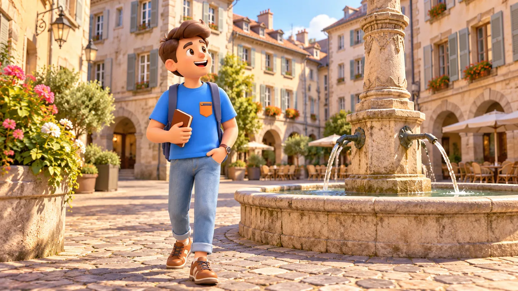 El personaje observa una fuente y fachadas en una plaza antigua
